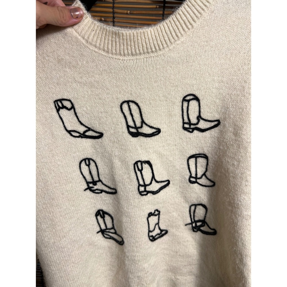 Free Kisses Cream Cowboy Boot Embroidered Crewneck Sweater Medium Western Knit - Picture 3 of 5